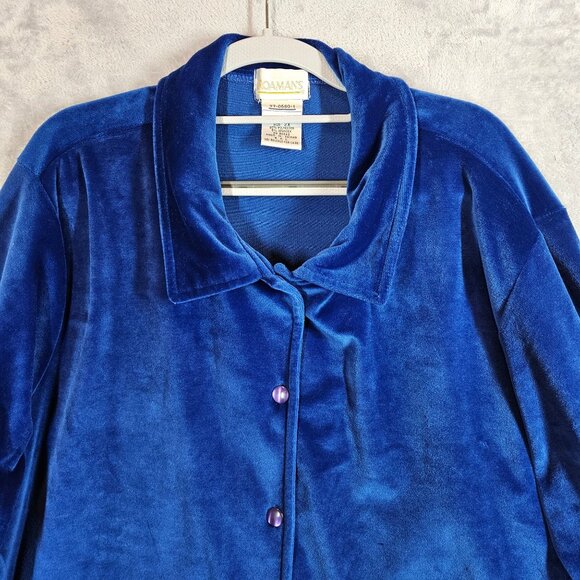 Roamans Womens 2X Blue Velour Button-Front Shacket With Collar Long Sleeves Warm - Picture 3 of 11